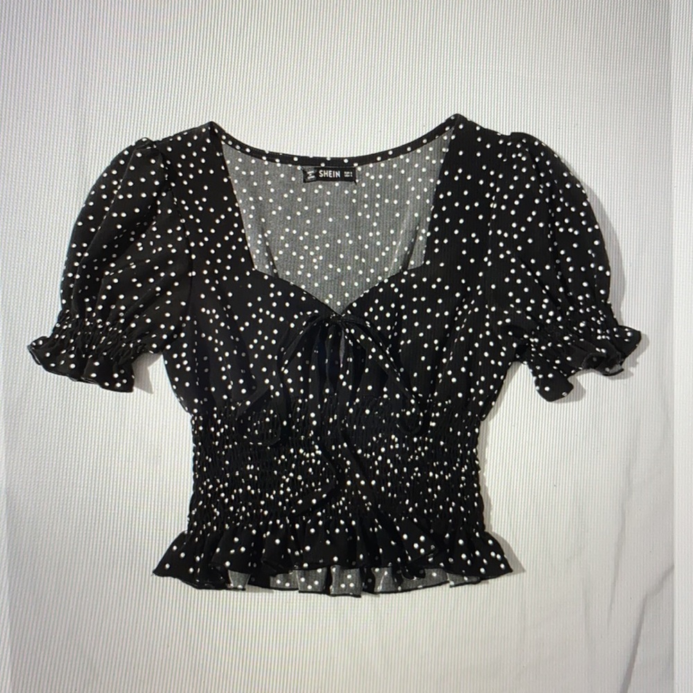 Tie Front Frill Trim Shirred Polka Dot Top Black S